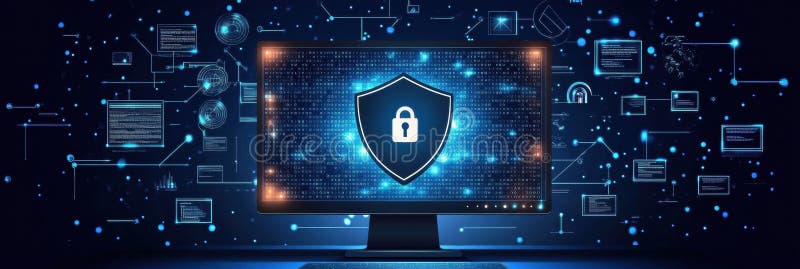 The display features a shield and lock icon, representing strong internet security to protect user data and ensure safe royalty free stock photography