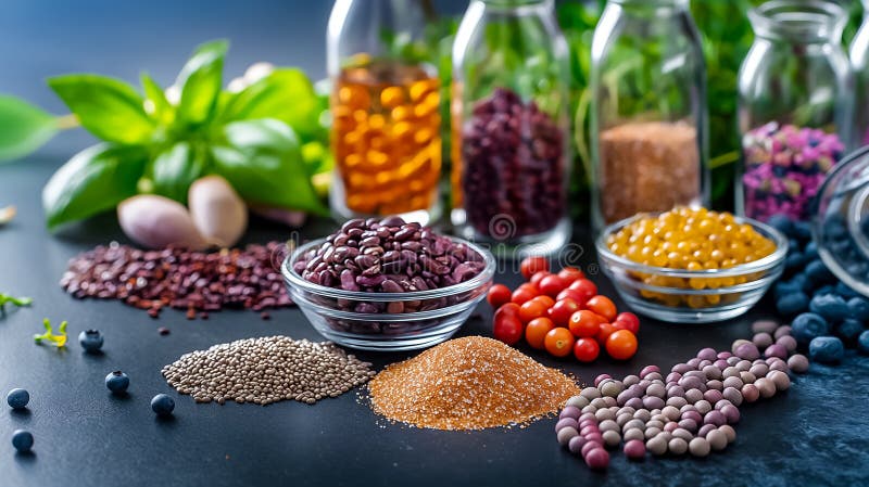 The display features a variety of beans, grains, and spices in clear jars, surrounded by fresh herbs and vibrant colors royalty free stock photos
