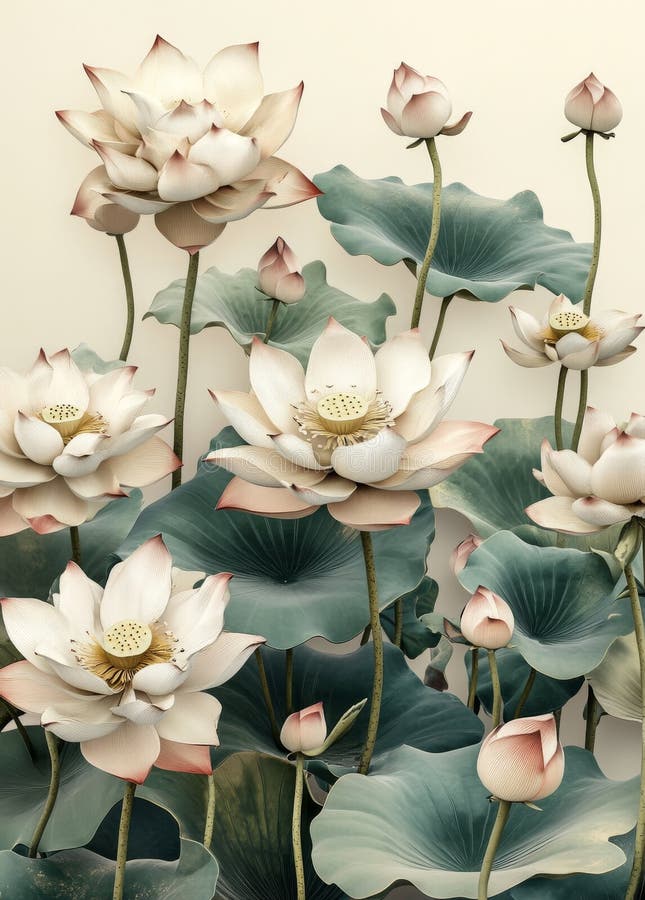 Display featuring a mint green backdrop with white lotus flowers royalty free stock image