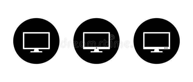 Display monitor icon set on black circle. Computer desktop screen sign symbol vector illustration