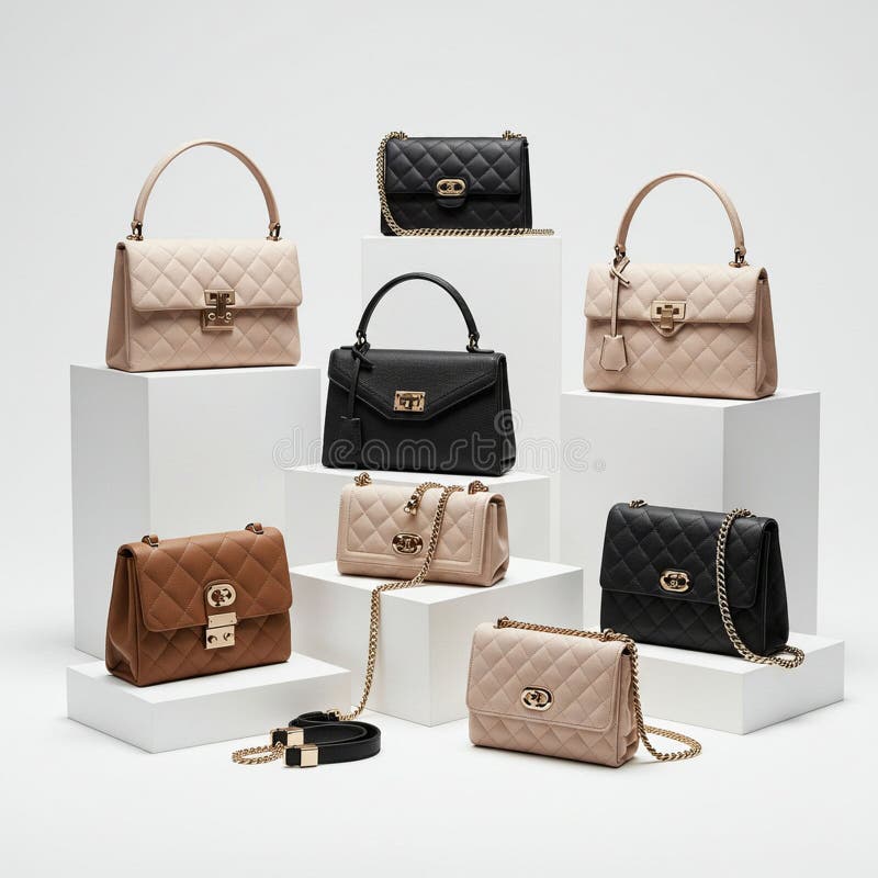 A display of seven quilted handbags on white pedestals, featuring black, beige, and royalty free illustration
