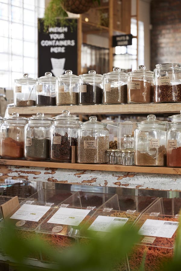 Display of Spices in Sustainable Plastic Packaging Free Grocery Store
