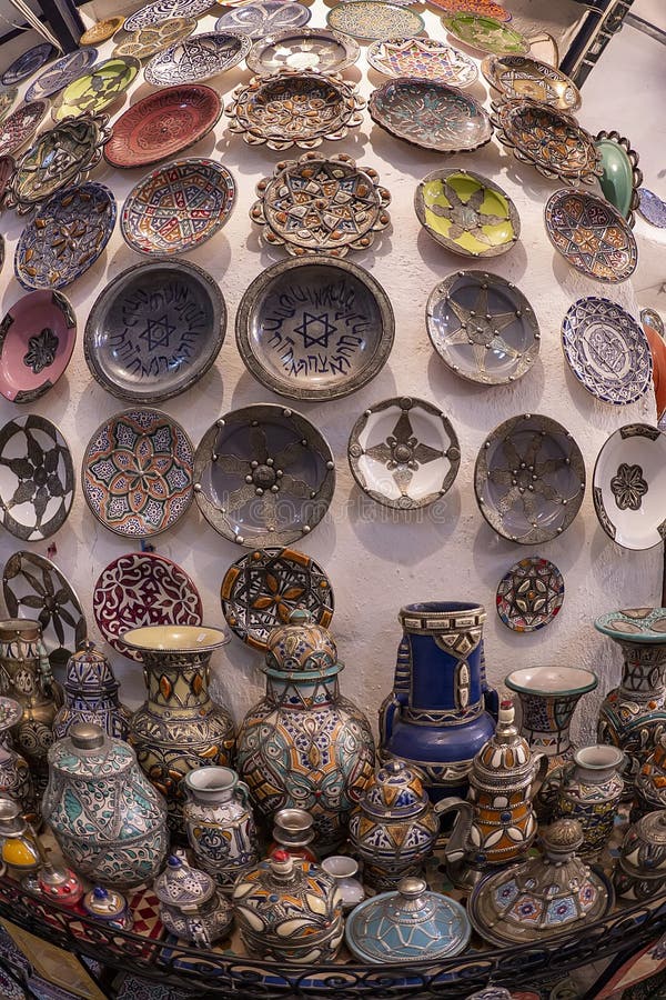 Display of Vases, Plates, Bowls, and Teapots in Fes, Morocco royalty free stock image Display of Vases, Plates, Bowls, and Teapots in Fes, Morocco royalty free stock image