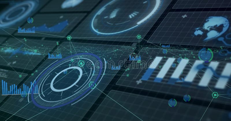 Displaying animation, digital interface with data charts and graphs, futuristic design stock illustration