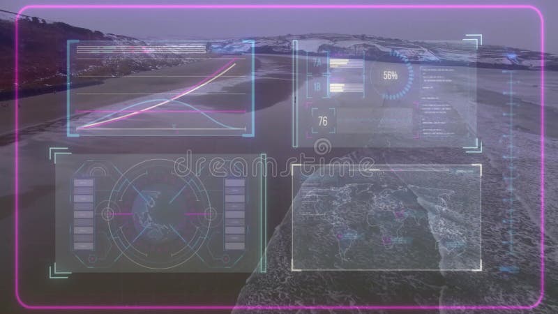 Displaying animation of futuristic data interface over snowy mountain landscape stock footage