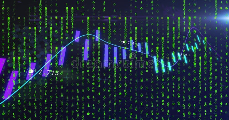 Displaying blue line and purple bars in dark digital dashboard, with binary code and numeric labels royalty free illustration