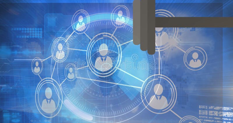 Displaying central user silhouette wearing tie inside ring on screen with lines, icons, world map vector illustration