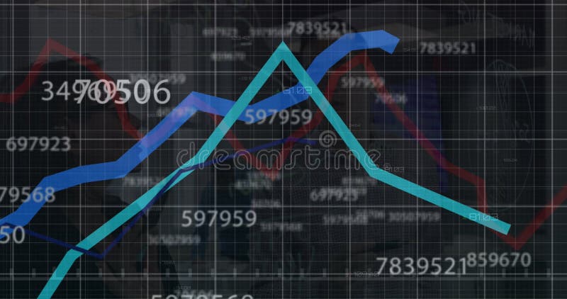 Displaying financial line chart trending on dashboard interface, with teal line, blue line, numbers stock image