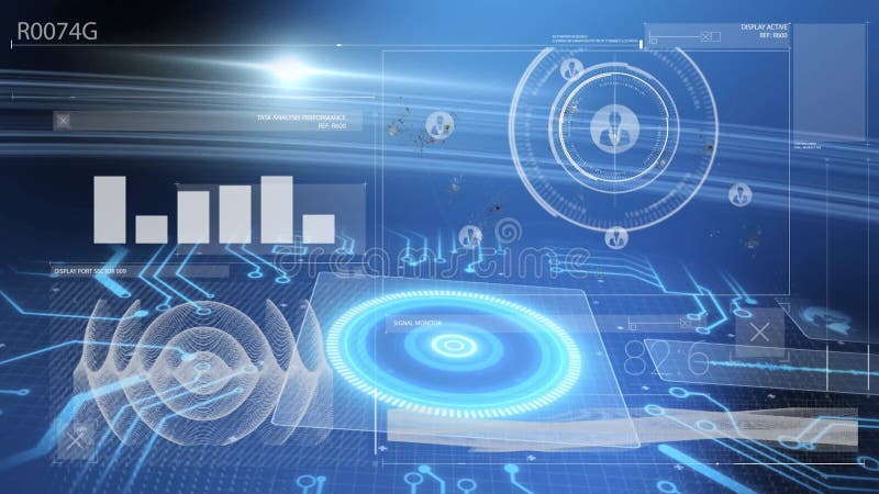 Displaying futuristic animation, digital interface with data analytics and tech elements vector illustration