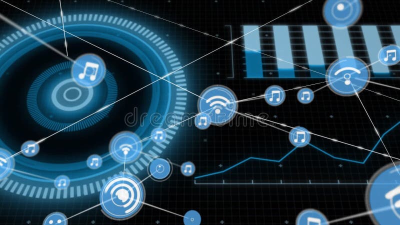Displaying futuristic animation, digital interface with music icons and data graphs stock illustration