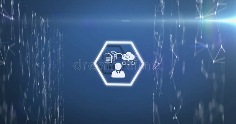 Displaying glowing hexagon frame enclosing user icon, data icons in digital tunnel, with lens flare stock illustration