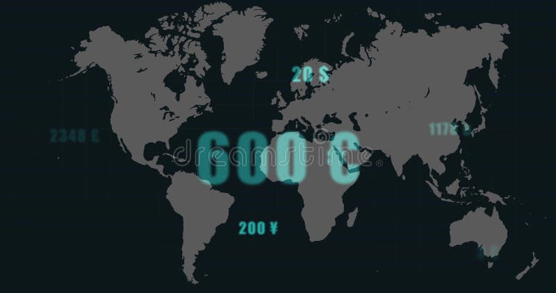 Displaying glowing teal 600 $ floating over gray world map on interface, with currency labels vector illustration