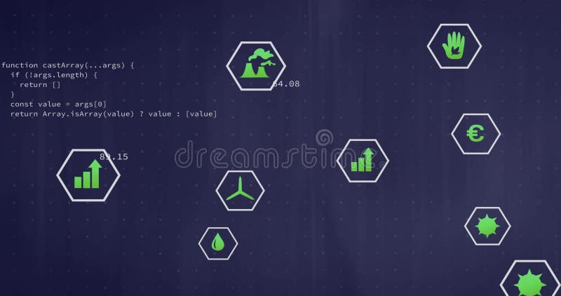 Displaying hexagon icon cluster centered on dark panel showing JavaScript code and numeric labels royalty free illustration