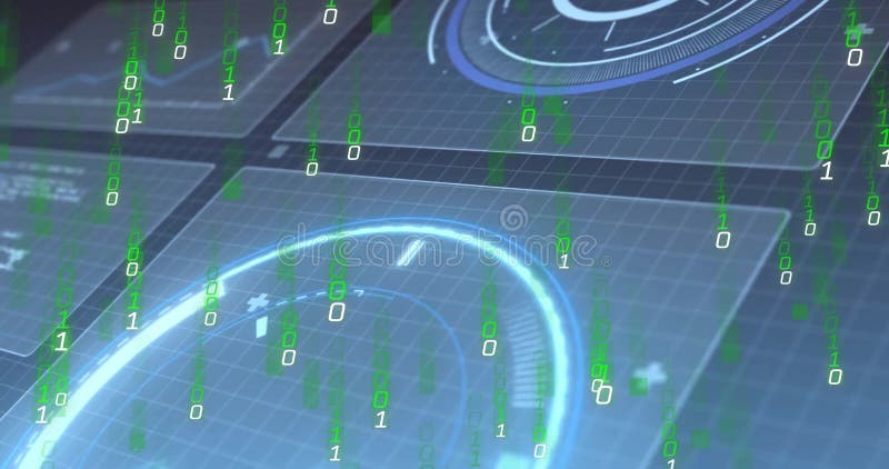 Displaying holographic interface streaming binary code on dark grid, with circular panels stock illustration