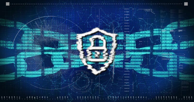 Displaying pixelated white shield icon with keyhole protecting digital network, with binary streams stock illustration