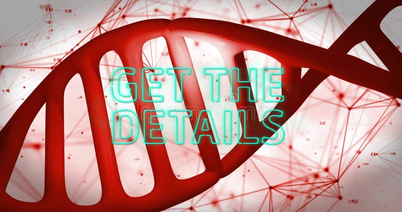 Displaying red DNA helix curving through digital network background, with glowing teal text vector illustration
