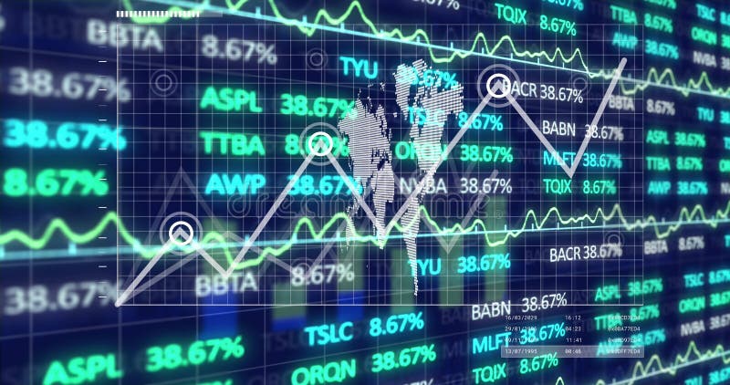 Displaying stock tickers showing percentages on dashboard, charting line over world map silhouette stock image