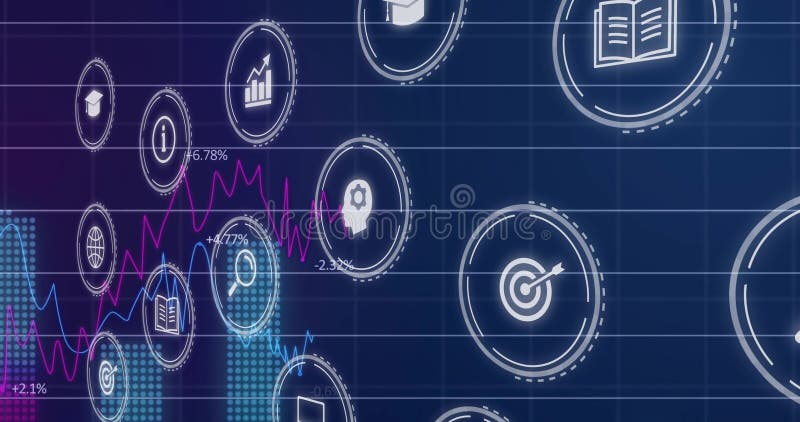 Displaying visualization in dashboard with interface icons, world map and pink, blue line graphs vector illustration
