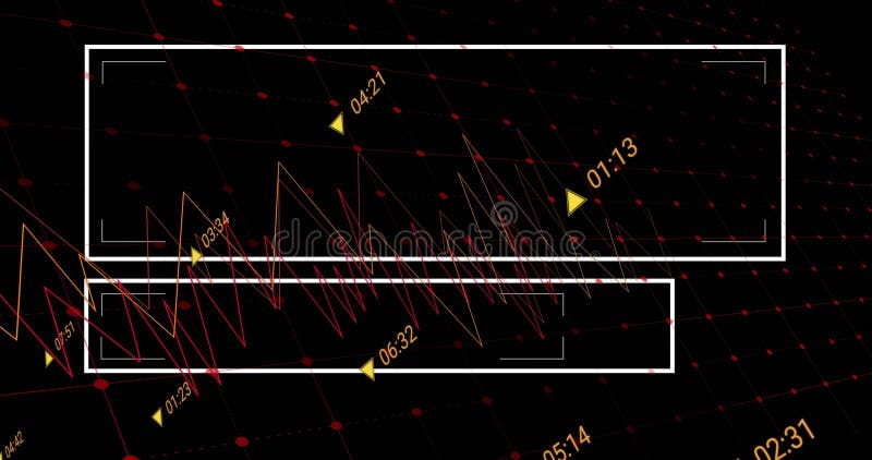 Displaying white rectangular frames on black grid, with time-stamped graphs and yellow markers royalty free illustration