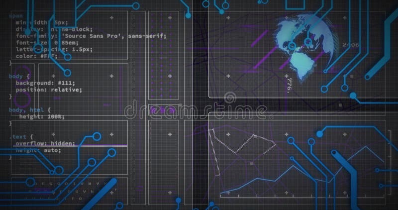 Displaying world map panel glowing with neon data lines on grid background, with CSS code blocks. Technology, cybersecurity, data visualization, digital infrastructure, modern design, network analysis, futuristic. Css code illustrations