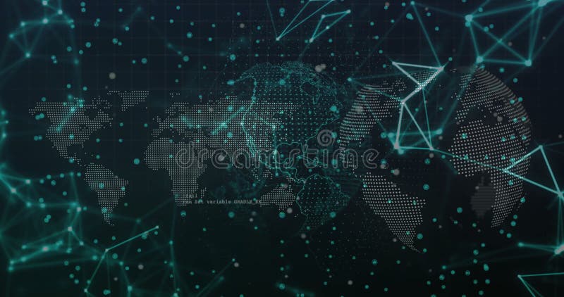 Displaying world map using glowing teal dots and lines with polygonal nodes, particles on dark grid vector illustration