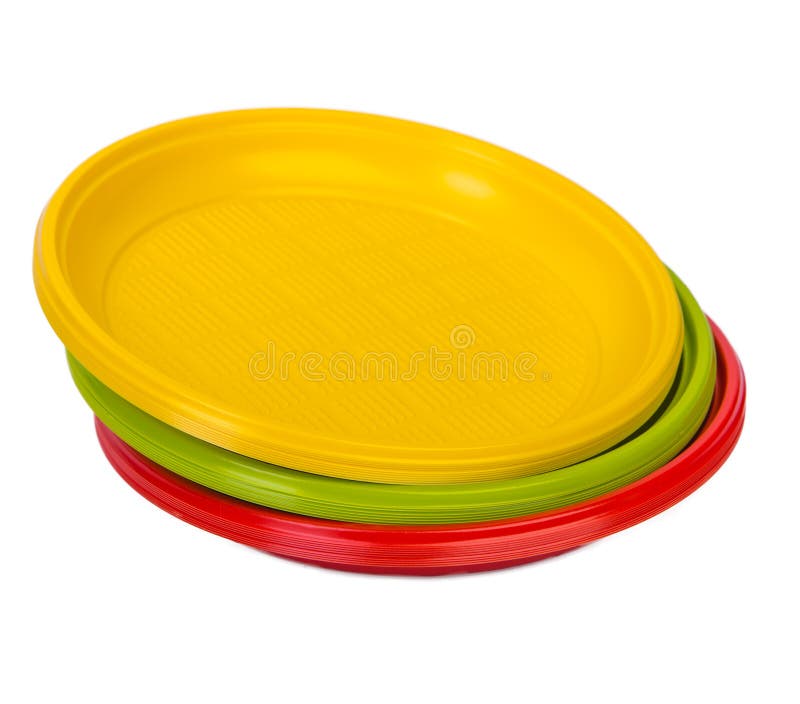Disposable Bright Plastic Kitchenware Stacked on White Stock Image