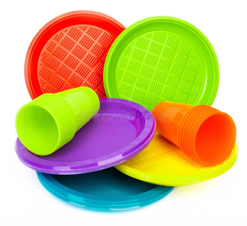 Disposable Bright Plastic Plates and Cups on White Stock Image Image