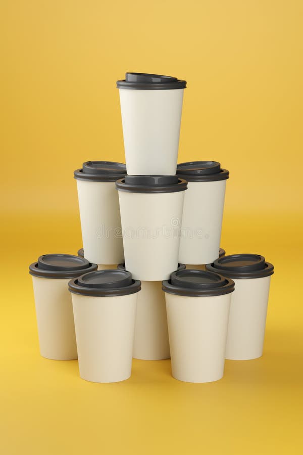 Disposable Coffee Cups Stacked on Yellow Background. 3d Illustration