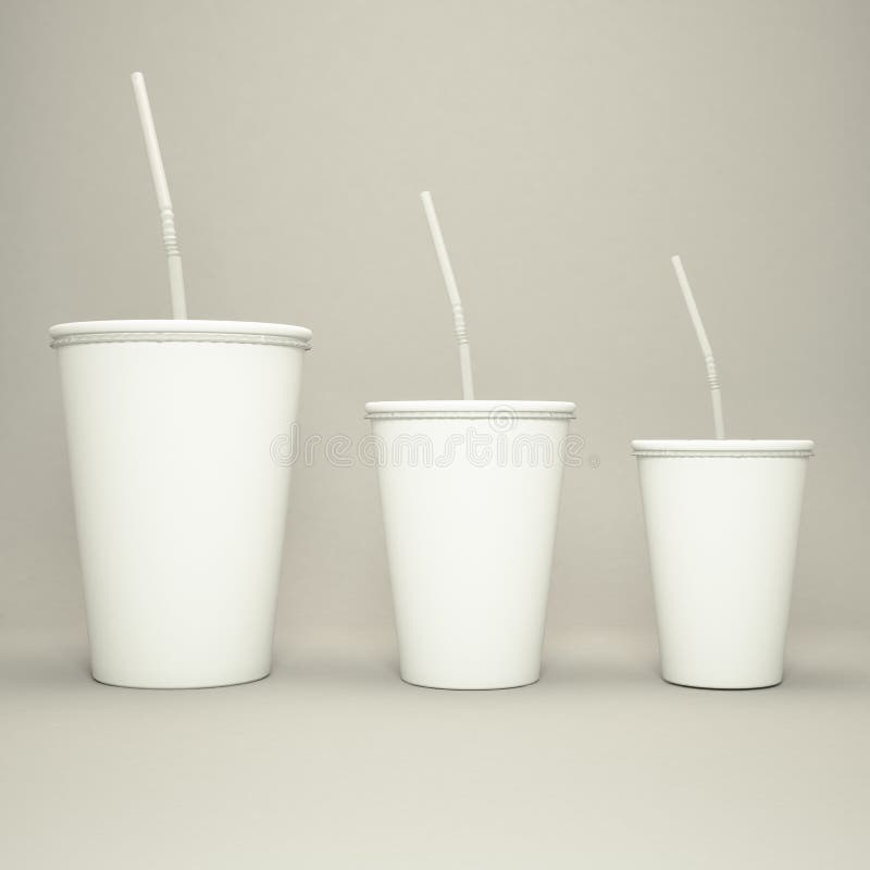 Disposable Cup of Big Volume for Beverages with Straw on a Gray