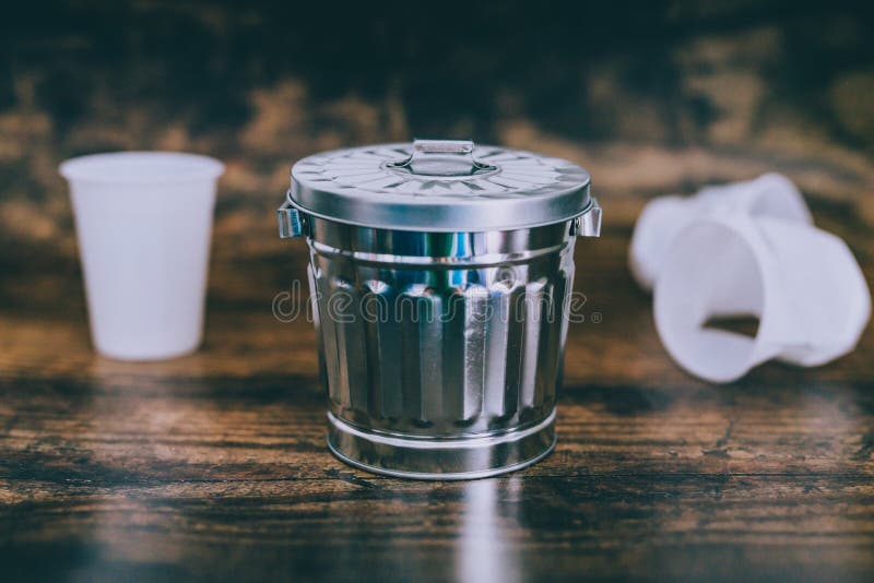 Disposable Cups and Garbage Bin with Recycle Symbol, Concept of
