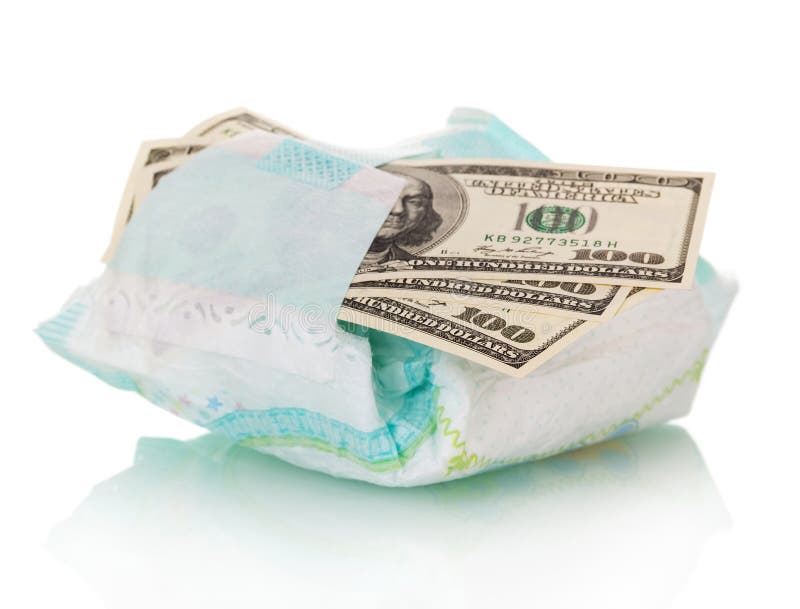Disposable Diaper And Money Close Up Isolated On White. Stock Photo Image of recycling