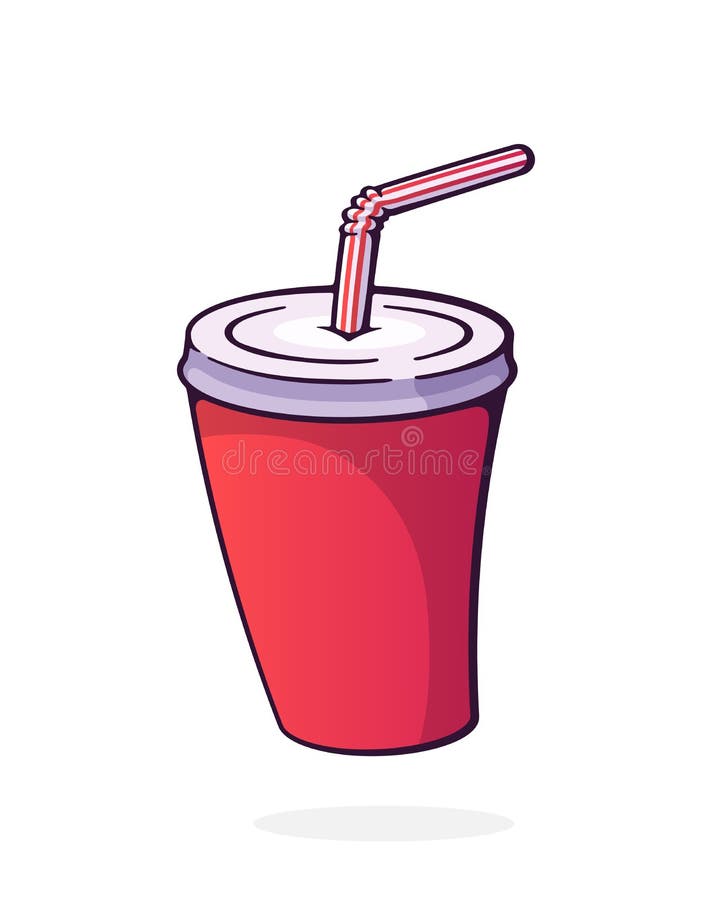 Disposable paper cup with soda and straw. Glass with carbonated cold drink. Film industry and fast food symbol