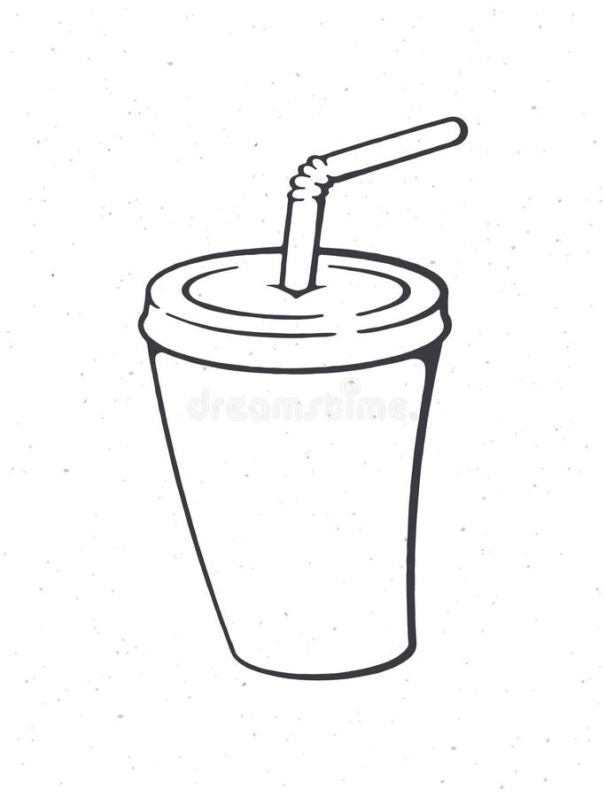 Disposable paper cup with soda and straw. Outline. Cartoon glass with carbonated cold drink. Film industry and fast food symbol.