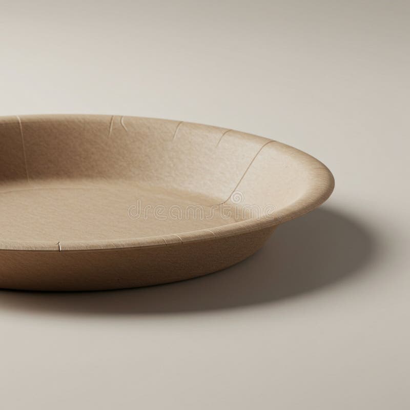 Disposable plate made of brown biodegradable material, likely molded pulp or stock illustration