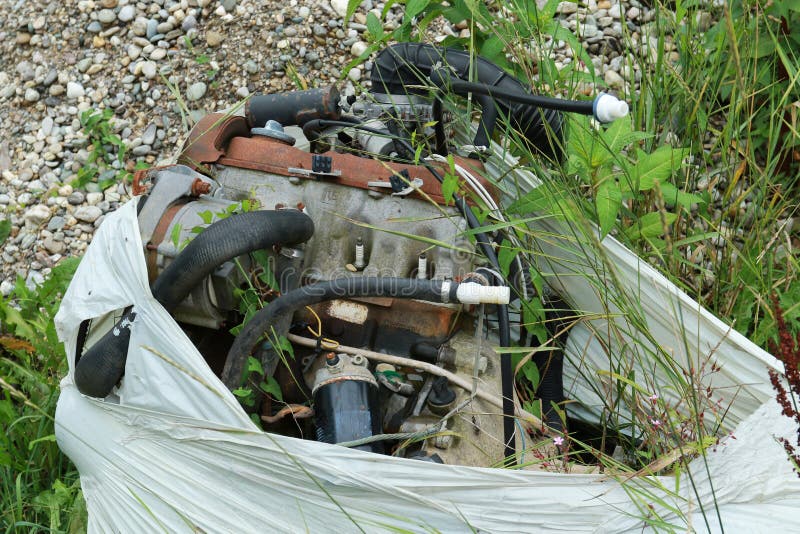 Disposal of an Old Car Engine in Nature Stock Image Image of discard