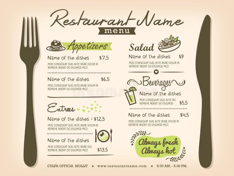 Disposición de diseño del vector del menú de Placemat del restaurante libre illustration Disposición de diseño del vector del menú de Placemat del restaurante libre illustration