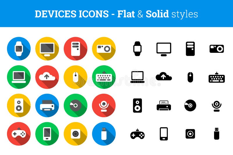 Set of web flat and solid style technology and devices icons, on white background. Set of web flat and solid style technology and devices icons, on white background