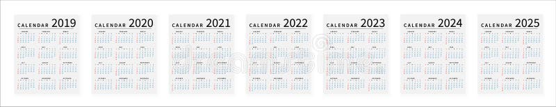 Mockup Simple Calendar Layout For 2019 To 2025 Years Week Starts From