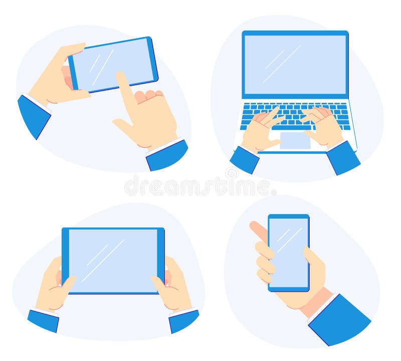Dispositivi di tenuta a disposizione Smartphone nelle mani, nel computer portatile della tenuta e nell'insieme mobile dell'illust illustrazione di stock Dispositivi di tenuta a disposizione Smartphone nelle mani, nel computer portatile della tenuta e nell'insieme mobile dell'illust illustrazione di stock