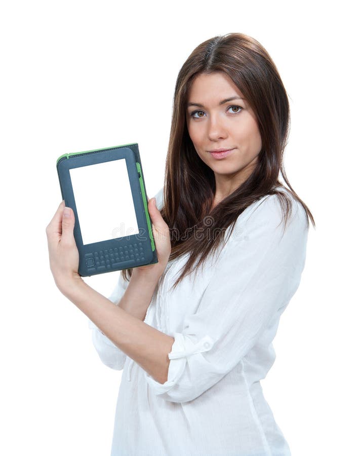 Dispositivo de leitura moderno do livro do ebook da posse da mulher imagens de stock Dispositivo de leitura moderno do livro do ebook da posse da mulher imagens de stock