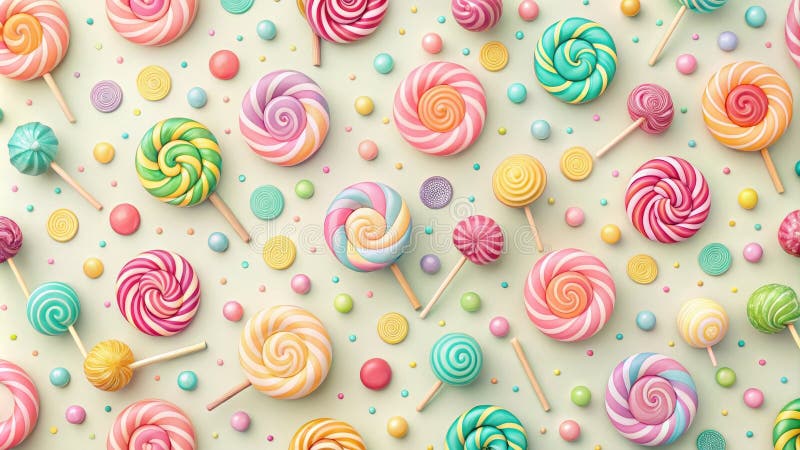 Disposizione deliziosa di leccapiedi colorati e di caramelle simili su uno sfondo pastello. Generative AI illustrazione di stock