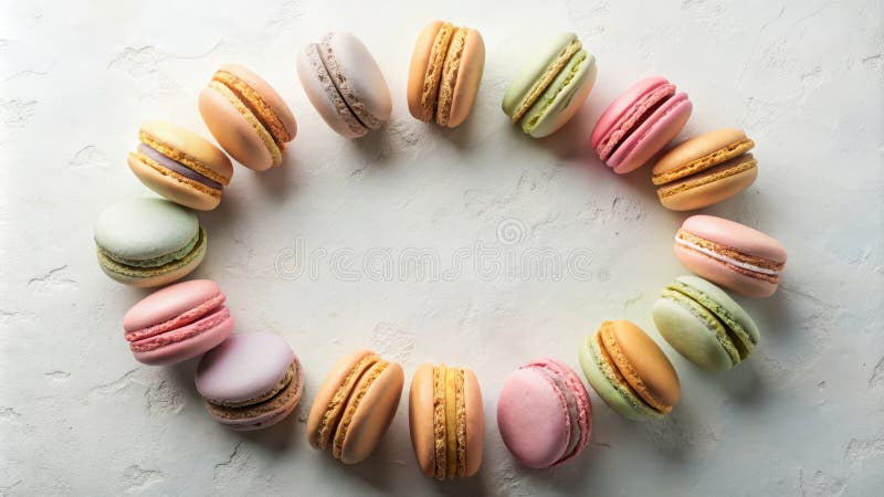 Disposizione deliziosa di macaroni colorati in pastello che formano un cerchio su una superficie testurizzata. Generative AI illustrazione vettoriale