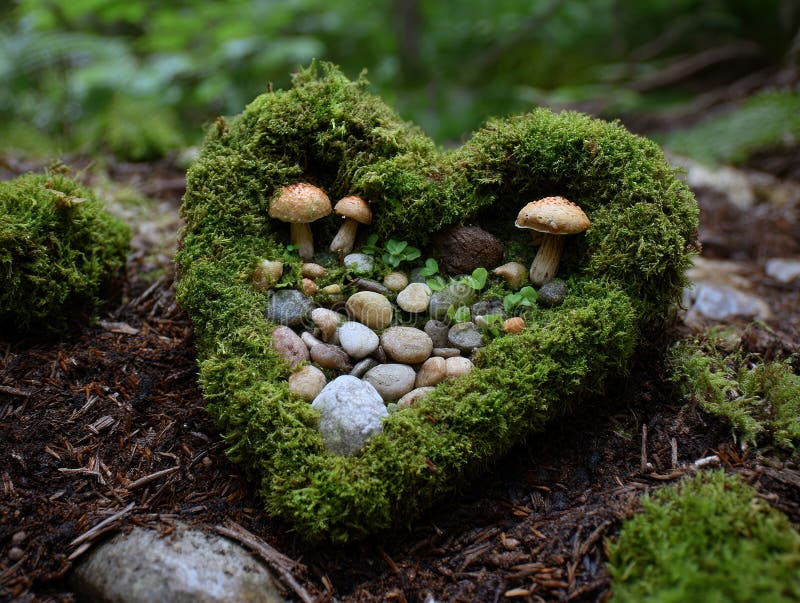 Disposizione a forma di cuore ottenuta da elementi naturali, compresi due funghi più piccoli rocce e fogliame circostante fotografia stock