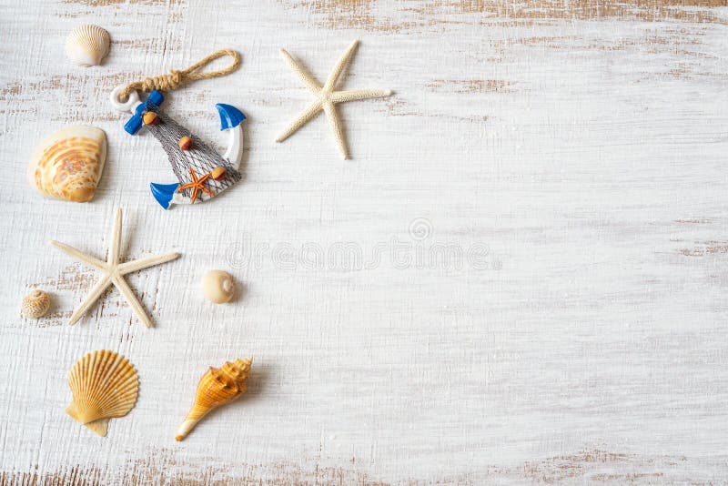 Disposizione piana delle conchiglie e delle stelle marine sul fondo di legno bianco di lerciume Concetto del fondo per la vacanza immagine stock libera da diritti Disposizione piana delle conchiglie e delle stelle marine sul fondo di legno bianco di lerciume Concetto del fondo per la vacanza immagine stock libera da diritti