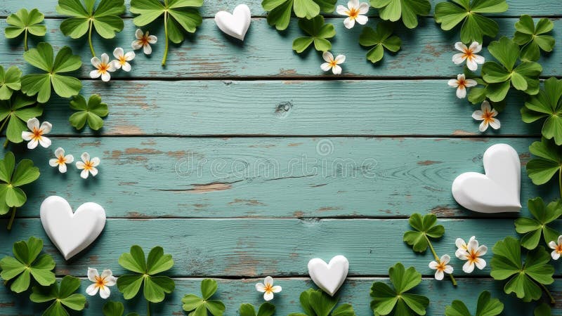 Dispunerea inimii și a trifoiului pe fond terestru rustic din lemn stock image