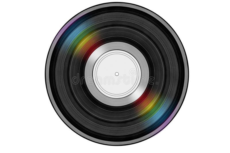 Black music record with colored rainbow reflection light isolated on white background. Black music record with colored rainbow reflection light isolated on white background