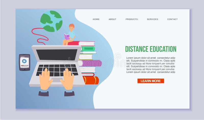 Distance education and learning vector illustration. Online courses and web school for children with laptop, mobile app royalty free illustration