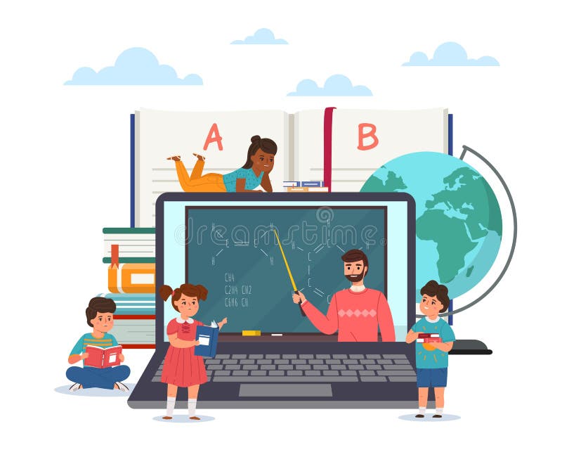 Distance Learning. Children Study Online. Remote Education. Cartoon Pupils  Watching Teacher Video Lecture. Students and Stock Vector - Illustration of  remote, student: 220182936