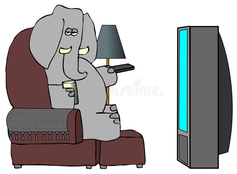 This illustration depicts an elephant watching TV in a recliner and using a remote control. This illustration depicts an elephant watching TV in a recliner and using a remote control.