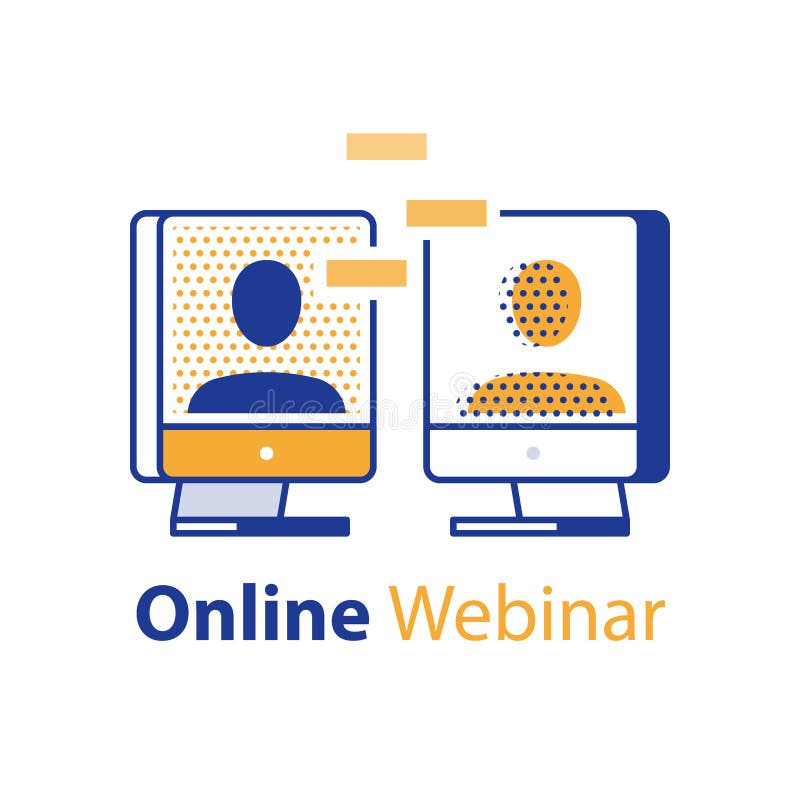 Distant learning, webinar concept, online communication, internet seminar, web meeting, two people talking, social media